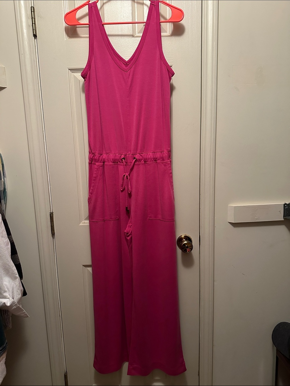 Stretch V-Neck Pink Jumpsuit with Drawstring Waist